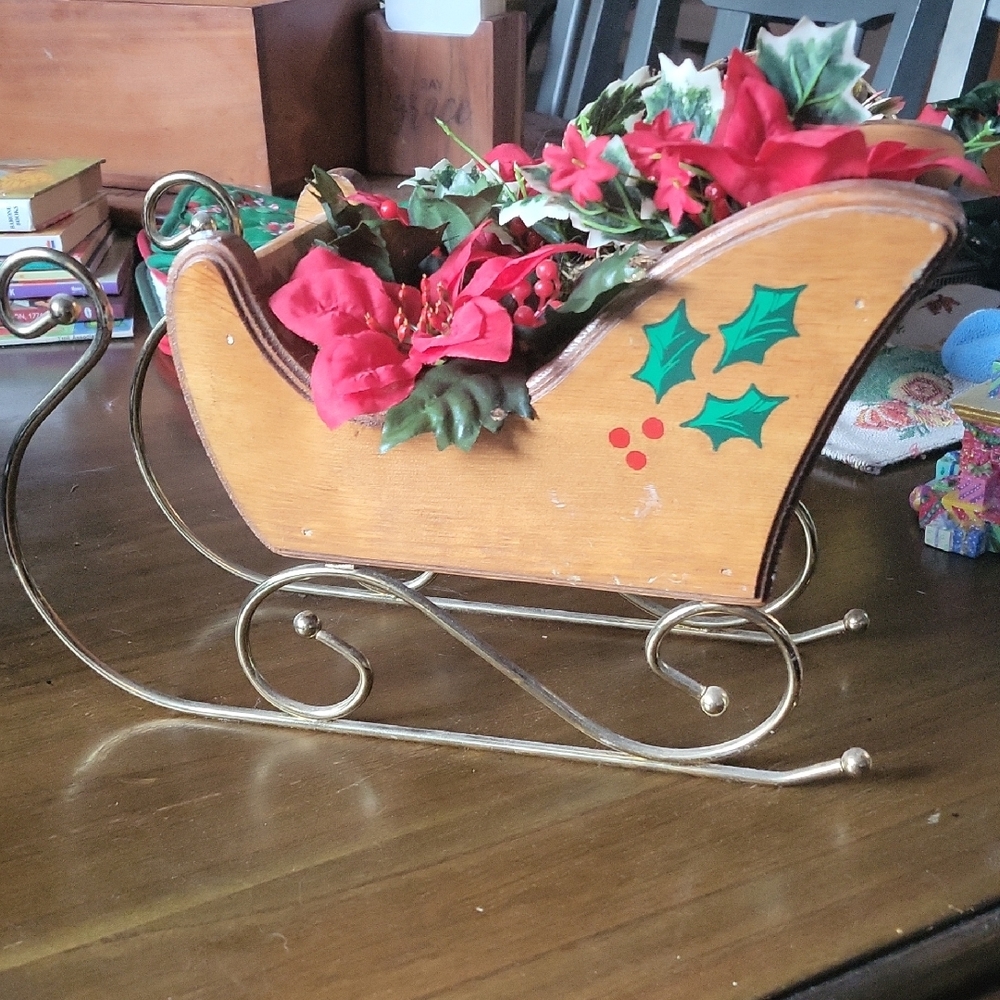 Festive Wooden Sleigh with Faux Floral Accents - Picture 2 of 3